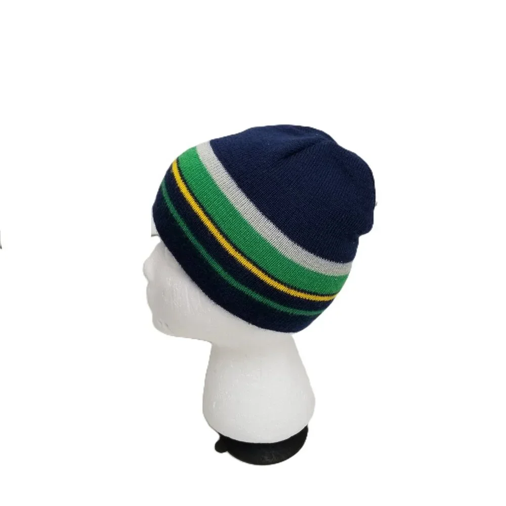 GMI Striped Beanie Boys Navy Green Yellow Knit Acrylic Preppy Winter Hat